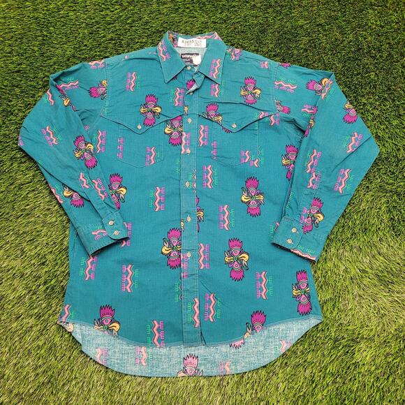 Vintage 90s Wrangler Western Button Shirt Mens Large 16-34 Aztec Cowboy Cut - Picture 1 of 11